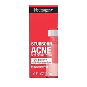 Neutrogena Stubborn Acne Spot Drying Lotion, Fragrance-Free Sulfur Acne Treatment Clears Acne By Drying Up & Shrinking Pimples, Paraben- & Oil-Free, 10% Sulfur & 4% Niacinamide, 1.0 fl. oz