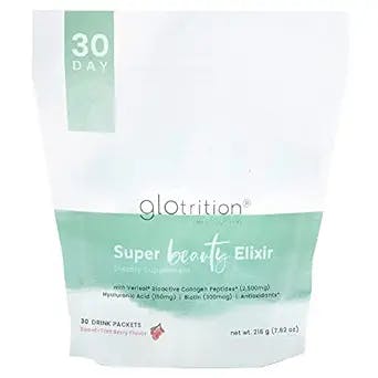 Glotrition Super Beauty Elixir - Collagen Peptides Skincare Drink Packets with Vitamin C, Hyaluronic Acid & Biotin