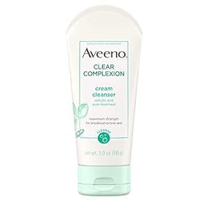 Aveeno Clear Complexion Cream Facial Cleanser with Salicylic Acid Acne Medicine, Face Wash with Soy Extract for Breakout Prone Skin, Hypoallergenic & Oil-Free, 5 fl. oz