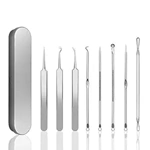 Blackhead Remover Pimple Popper Tool Kit Acne Blemish Pimple Extractor Needle Facial Comedone Clip Blackhead Tweezer for Ingrown Hair Removal 8 Pcs in Metal Case