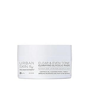 Urban Skin Rx Clear & Even Tone Clarifying Glycolic Pads | Powerful Cleansing Formula Exfoliates, Evens Skin Tone, Targets Blemishes, and Removes Excess Oil, Formulated with Salicylic Acid | 30 Count