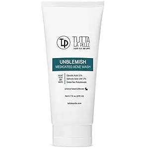 Exfoliating Face Wash Glycolic Acid 10% Salicylic Acid 2% - Medicated Unblemish Cleanser AHA BHA Acne Wash, with calming green tea, oil free, Helps for Acne, Oiliness, Blackheads, Cystic Acne 6.7 Fl Oz