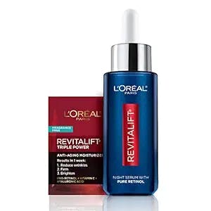 L'Oreal Paris Revitalift 0.3% Pure Retinol Night Serum, to Visibly Reduce Wrinkles, Even Deep Ones, Fragrance Free 1 oz + Moisturizer Sample
