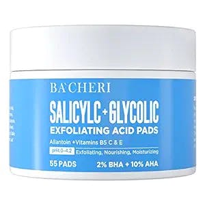 10% Glycolic Acid + 2% Salicylic Acid Peel Pads - BACHERI Resurfacing Pads For Face with Vitamins B5, C & E, Allantoin - Exfoliating Facial Peel for Dark Spots, Blackhead, Acne 55 Pads