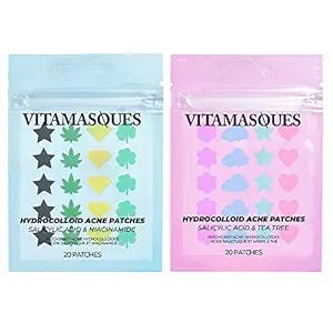 Vitamasques Acne Patch Face Mask Set, 2-Pack - Hydrocolloid Patches 40 Count (Salicylic & Tea Tree, Salicylic & Niacinamide) - Reduce Oil Build-Up for Blackheads & Impurities - Vegan & Cruelty-Free