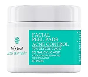 Glycolic Salicylic Acid Pads for Acne with 10% Glycolic Acid + 2% Salicylic Acid, Acne Treatment Pads, Exfoliating Chemical Peel Pad, Acne Control Pads for Pimple Breakout, Clear Skin, 60 Pads