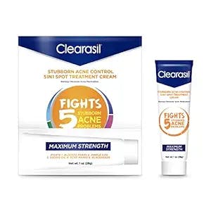 Clearasil Stubborn Acne Control 5in1 Spot Treatment Cream, Maximum Strenght with 10% Benzoyl Peroxide, Acne Medication, 1 oz