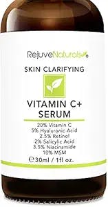 Vitamin C Serum Plus 5% Hyaluronic Acid, 2.5% Retinol, 2% Salicylic Acid, 3.5% Niacinamide, 10% MSM, 20% Vitamin C - Anti Aging Anti Wrinkle Skin Clearing Serum Organic Skin Care for Face and Eyes 1oz