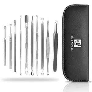 10pcs Pimple Popper Blackhead Remover Tool +Ear Wax Removal +Cuticle Pusher Stainless Steel Comedone Zit Blemish Acne Kit with Brush & Leather Bag