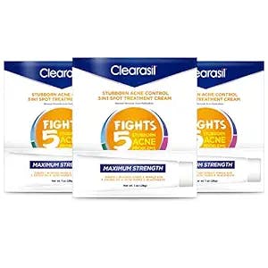 Clearasil Stubborn Acne Control 5-in-1 Spot Treatment Cream with Benzoyl Peroxide Acne Medication to Clear Acne, 1 Ounce (Pack of 3)