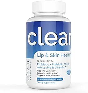 Clear Probiotics Lip and Skin Health - Cold Sore Blister Defense - Probiotic + Prebiotic - Lysine - Vitamin C - Immune Health - Healthy Lips and Skin - 12 Billion CFU's - 60 Count