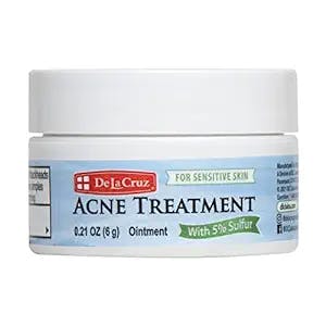 De La Cruz 5% Sulfur Ointment Acne Treatment - Medication to Clear Cystic Acne Pimples and Blackheads on Face and Body - Made in USA - 0.21 OZ Trial Size