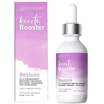Glotrition Beauty Booster, Restore - with Plant-Based Ceramides, Superfood Berries, and Vitamin C for Collagen Skin Support - 30 Servings - for Soft, Smooth, Glowing Skin - Tasty Elderberry Flavor