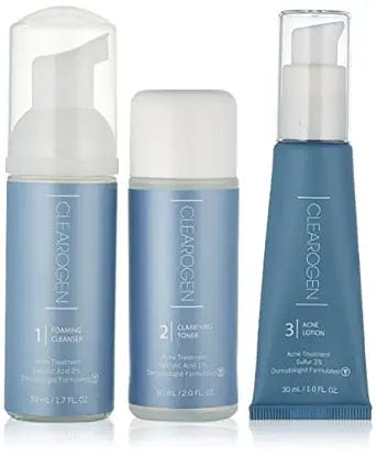 Clearogen Sensitive Skin Acne Treatment Set with Sulfur Lotion, Foaming Cleanser, Clarifying Toner, Kit for hormonal acne & blemishes