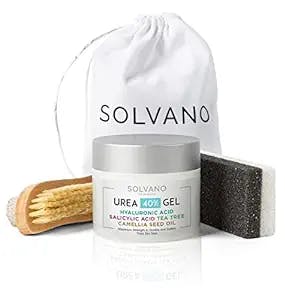 SOLVANO 40% Urea Gel -Extra Strength Formula with Salicylic Acid, Hyaluronic Acid, Tea Tree Oil, Camellia Seed Oil -For Deep, Cooling Relief -Softens Dry & Rough Skin -With Pumice Stone & Brush