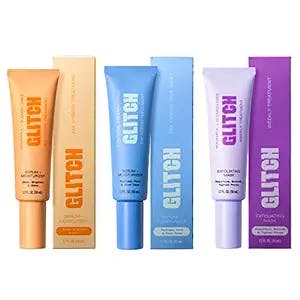 GLITCH Blemish Free & Anti-Aging Simple 3-Step Skincare Face Regimen AM & PM Hybrid Treatments and Weekly Treatment Exfoliating Mask for Youthful, Skin. 3 x 1.7 fl oz
