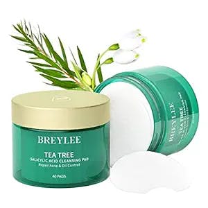 2% Salicylic Acid Acne Pimples Cleansing Pads, BREYLEE Tea Tree Oil Face Wipes, Dead Skin Remover, Spot Treatment, Facial Exfoliating, Daily Defense for Acne Prone Skin, Aloe Hyaluronic Acid, 40 Pads