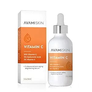 Avami Skin Vitamin C Brightening Serum - Hydrating Vitamin C Serum - Organic Skincare with Vitamin E, Hyaluronic Acid, Plant Extracts - Supports Collagen Production, Helps Fade Dark Spots - 2 fl. Oz