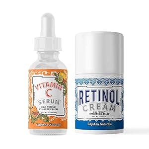 LilyAna Naturals Retinol Cream Moisturizer 1.7 Oz and Vitamin C Serum 1 Oz Bundle - For Face and Eyes, Men and Women - Daily use for Acne, Anti Wrinkle, Anti Aging, Fades Age Spots and Sun Damage