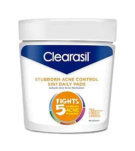 Clearasil Stubborn Acne Control 5-in-1 Daily Pads with Salicylic Acid Acne Medication, 90 Count (Pack of 6)