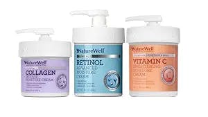 NatureWell 2.0 Creams Bundle, Collagen Intense Moisturizer (10 Oz) + Retinol Advanced Moisturizer (16 Oz) + Vitamin C Brightening Moisturizer (16 Oz), For Face, Body, & Hands