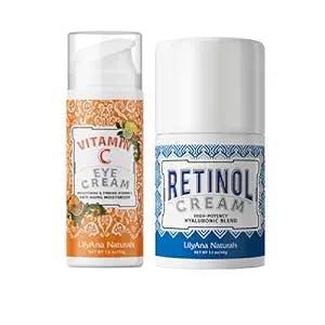LilyAna Naturals Retinol Cream Moisturizer 1.7 Oz and Vitamin C Eye Cream 1 Oz Bundle - Anti-Aging Cream for your Eyes and Face Reduces Dark Circles and Puffiness, Fine Lines, Wrinkles and Age Spots