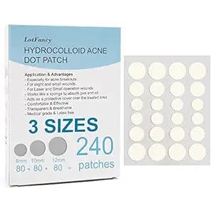 LotFancy Acne Patches, 240 Count, 3 Sizes (12, 10, 8mm), Hydrocolloid Pimple Patches for Face, Clear Zit Stickers for Blemishes, Spots, Skin Acne Dots Treatment