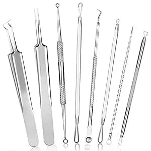 Fluco Blackhead Remover Pimple Popper Tool Kit, 8pcs Blackhead Comedone Extractor Tool for Nose Face, Blemish Whitehead Extraction Popping, Stainless Silver