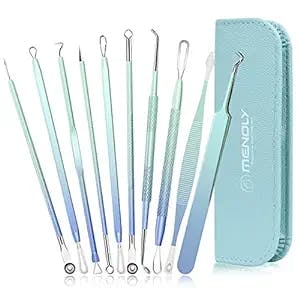 Pimple Popper Tool Kit,MENOLY 10Pcs Blackhead Remover Tools,Pimple Extractor,Acne Tools,Acne Kit for Blackhead,Blemish,Zit Removing,Whitehead Popping and Comedone Extractor Tool with Leather Bag