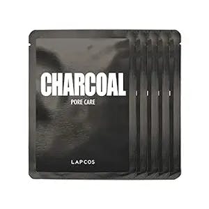 LAPCOS Charcoal Sheet Mask, Daily Face Mask with Salicylic Acid and Tea Tree Oil to Detoxify and Tighten Skin, Korean Beauty Favorite, 5-Pack