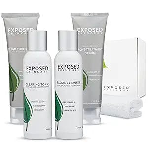 Exposed Skin Care Basic Acne Treatment Kit - Includes Salicylic Acid Face Wash, Clearing Tonic, Treatment Serum with Benzoyl Peroxide, Clear Pore Serum - Natural Acne Solution for All Skin Types