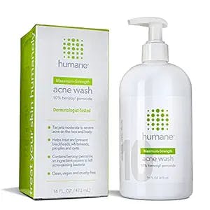 humane Maximum-Strength Acne Wash - 10% Benzoyl Peroxide Acne Treatment for Face, Skin, Butt, Back and Body - 16 Fl Oz - Dermatologist-Tested Non-Foaming Cleanser - Vegan, Cruelty-Free