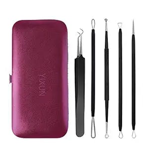 5 pieces of blackhead tweezers acne extractor, blackhead removal tool kit, acne removal tool with leather bag cosmetic mirror, used for nose and facial blemishes, whiteheads, pop-up acne
