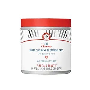 First Aid Beauty FAB Pharma White Clay Acne Treatment Pads 2% Salicylic Acid, Treatment for Breakouts, Whiteheads, Blackheads and Acne