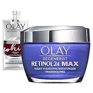 Olay Regenerist Retinol 24 Max Moisturizer, Retinol 24 Max Hydrating Night Face Cream, Fragrance-Free Non Greasy Feeling 1.7 oz, Includes Olay Whip Travel Size for Dry Skin