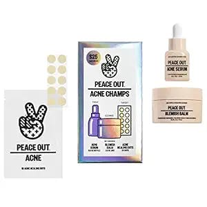 Peace Out Skincare Acne Champs | Travel-Sized Hydrocolloid Anti-Acne Pimple Patches, 2% Salicylic Acid Daily Acne Serum and Blemish Balm Exfoliating Face Wash | Clear and Prevent Breakouts