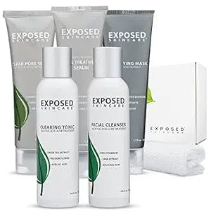 Exposed Skin Care Acne Treatment Kit - Includes Facial Cleanser, Clearing Tonic, Acne Treatment Serum, Clear Pore Serum, Clarifying Mask, Cloth - Natural Acne Solution for Face, All Ages & Skin Types