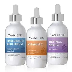 Avami Skin 3-Piece Serum Set - Face Skincare Kit with Vitamin C Serum, Hyaluronic Acid Serum & Retinol Serum - Natural Brightening & Moisturizing Products - Helps Ease Dark Spots & Wrinkles - 1 fl. Oz