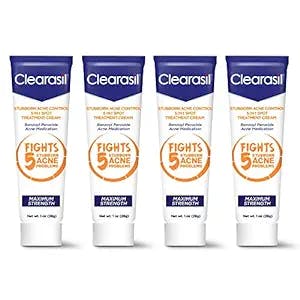 Clearasil Stubborn Acne Control 5in1 Spot Treatment Cream, Maximum Strength, Benzoyl Peroxide Acne Medication, Fights Blocked Pores, Pimple Size, Excess Oil, Acne Marks & Blackheads, 1 oz (Pack of 4)