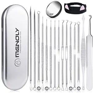 Pimple Popper Tool kit 15 Pcs, MENOLY Comedone Extractor Blackhead Remover Tool Kit for Whitehead Popping, Stainless Steel Pimple Extractor with Metal Case and 10X Beauty Magnifier