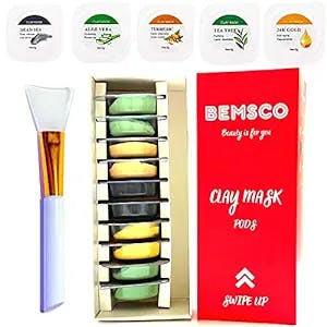Bemsco Clay Face Mask Sets | Facial Skin Care Products | Organic Beauty Skincare Masks | Pore Cleaner | Blackhead Remover | Dark Spots & Acne Cleanser | Detox & Healing Treatments | Magic Pores And Blackheads Reducer | Secret Vitamin C & Calcium Formula | For Women And Mens | 10 Pods 1 Applicator Brush