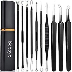 Pimple Popper Tool Kit - Boxoyx 10 Pcs Blackhead Remover Comedone Extractor Kit with Metal Case for Quick and Easy Removal of Pimples, Blackheads, Zit Removing, Forehead,Facial and Nose（Black)