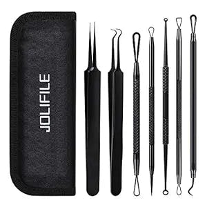 Blackhead Remover Tool,JOLIFILE 7Pcs Pimple Popper Tool Kit, Acne Extractor Tools with Tweezers,Removal Whitehead Comedone Tool Set for Facial Nose Care-Black