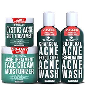 TreeActiv Cystic Acne Spot Treatment, Acne Treatment Face Cream Moisturizer Charcoal Acne Exfoliating Face Wash Bundle