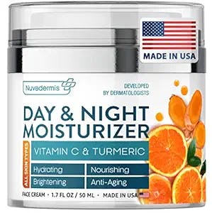 NUVADERMIS Face Moisturizer with Vitamin C & Turmeric - Day & Night Cream - Made in USA - Anti Aging & Anti Wrinkle - Brightening Daily Facial Lotion - Oily, Dry & Combination Skin - 1.7 oz Pump Jar
