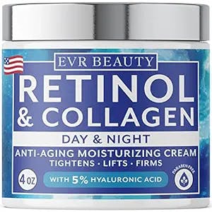 EVR Beauty Powerful Retinol and Collagen Anti Aging Face Cream for Mature Skin - Natural Deep Wrinkle Cream with Hyaluronic Acid for Women and Men of all Skin Types - Use Day and Night - 4 ounce