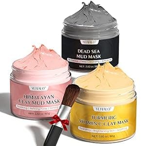 YLNALO Turmeric Vitamin C Clay Mask, Dead Sea Mud Mask, and Himalayan Clay Mask, Facial Skin Care Mask Set for Deep Pore Cleansing, Reduce Blackheads Acne, Dark Spots, Oil Control, and Radiant Skin