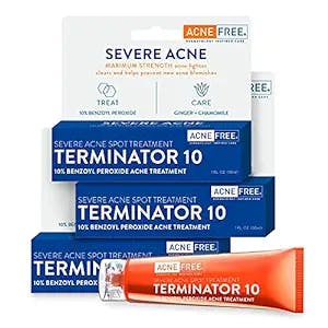 Acne Free Terminator 10 Acne Spot Treatment With Benzoyl Peroxide 10% Maximum Strength Acne Cream Treatment, 1 Fl Oz, Pack of 3, White