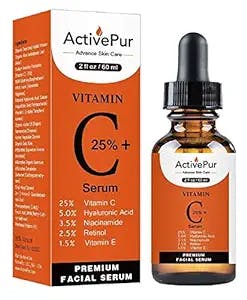 ActivePur 25% Vitamin C Serum for Face (2 Oz/60 ml) Vitamin E+B5, Hyaluronic Acid Serum for Face Retinol Ferulic Acid Niacinamide Collagen, Anti Aging Wrinkle Age Spots Eye circles Skin Moisturizer