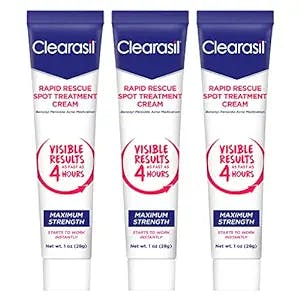 Clearasil Rapid Rescue Spot Treatment Cream with Benzoyl Peroxide Acne Medication for Acne Relief in as fast as 4 hours, 1 Ounce (Pack of 3)